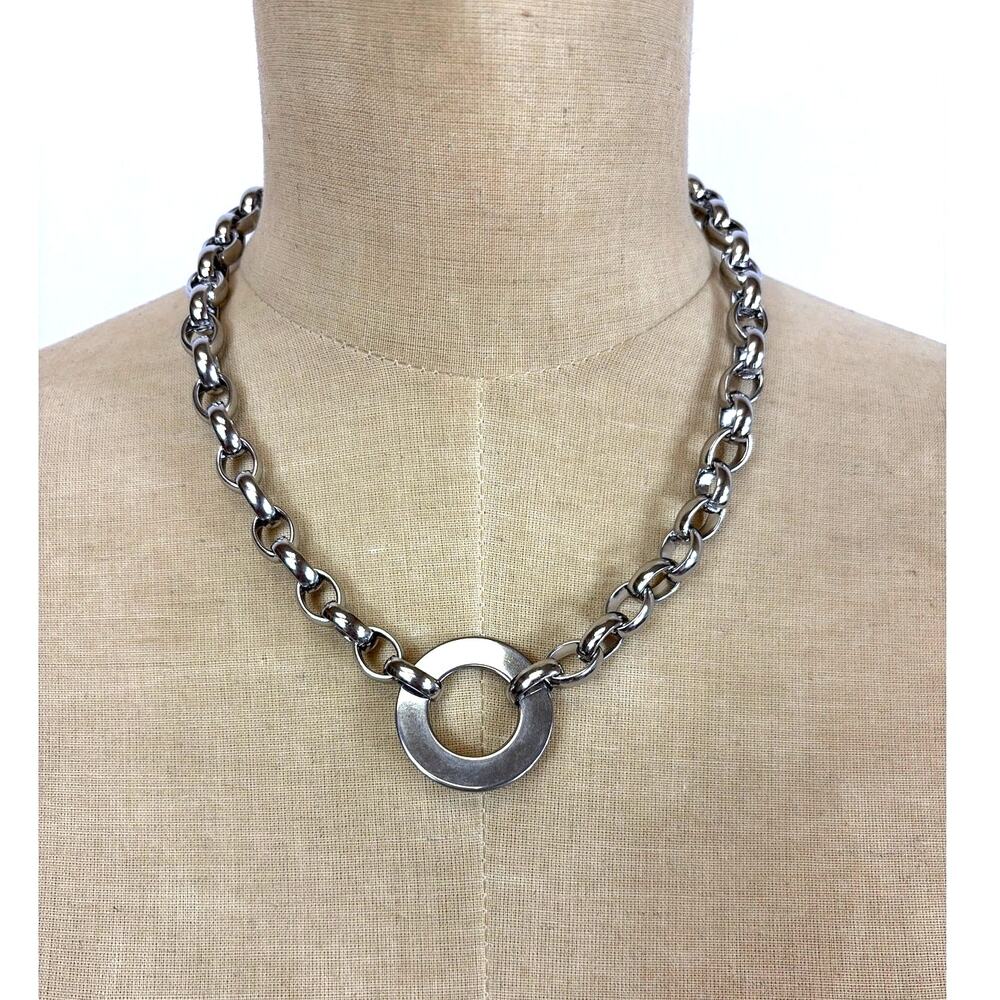 NEW Stainless Steel Silver Tone Artisanal Silver Washer Hoop Pendant Necklace